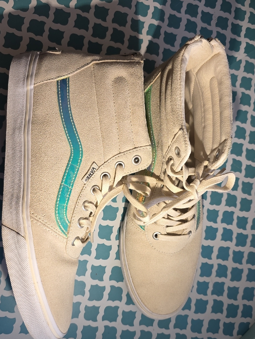 Vans Cream High-Top Sneakers with Teal & Green Side Stripes